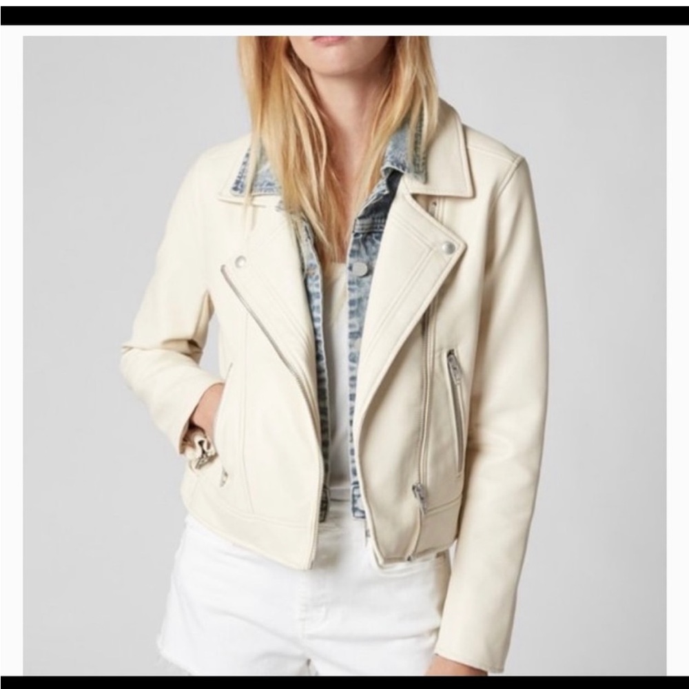 BLANK-NYC Cream white vegan leather jacket with removable denim collar.